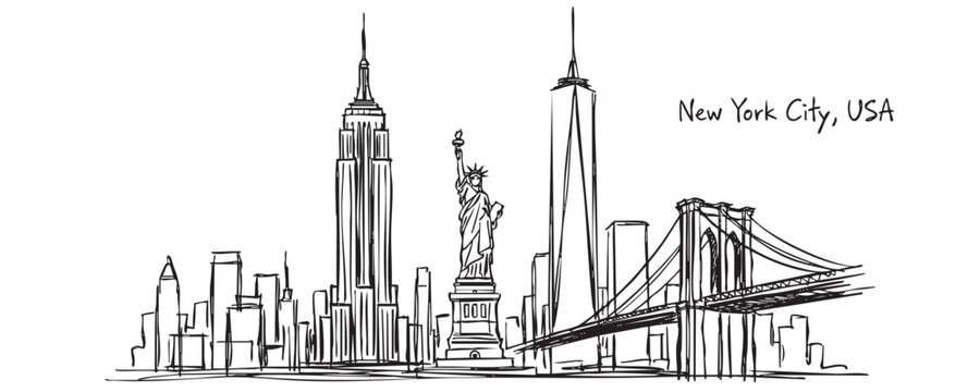 New York City USA Skyline with Statue of Liberty Empire State and Brooklyn Bridge Hand Drawn Sketch Illustration