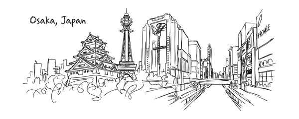 Obraz premium Osaka, Japan Cityscape Sketch with Castle, Tsutenkaku Tower, and Canal District