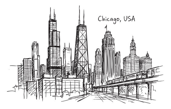 Chicago USA City Skyline with Willis Tower and Elevated Train Tracks Hand Drawn Sketch Illustration
