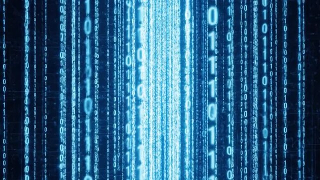 Blue binary code flows rapidly, representing digital security data.