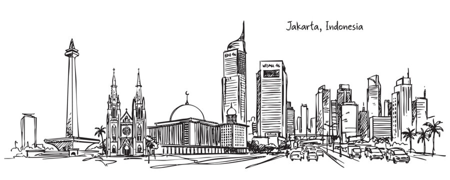 Jakarta Indonesia City Skyline with National Monument Monas and Modern Skyscrapers Hand Drawn Sketch Illustration