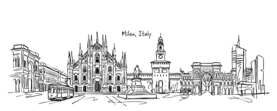 Milan, Italy Skyline Sketch Featuring Duomo Cathedral, Tram, and Historic Landmarks