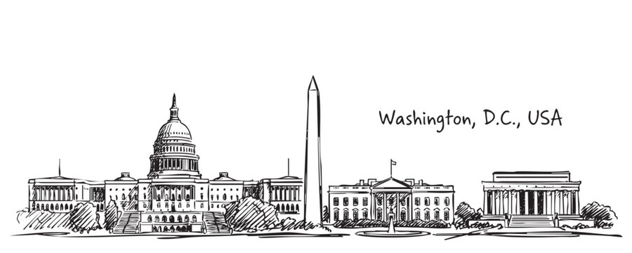 Washington D.C., USA National Mall Skyline Line Art with Capitol, Monument, and White House