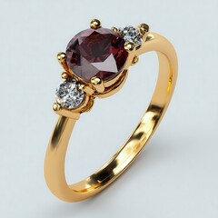 A gold ring with a large garnet stone and small diamonds