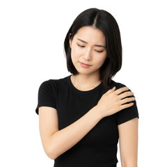 Fototapeta premium Asian woman checking shoulder pain, cutout isolated on transparent background