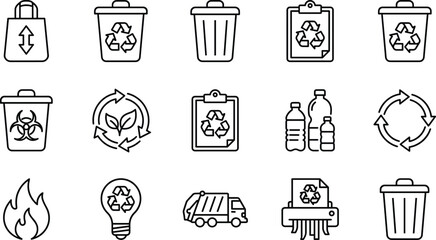 Set of fifteen outline icons representing recycling waste management sustainability ecology garbage disposal bin plastic bottle truck and environmental protection.