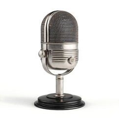 A vintage silver microphone on a black stand against a white background