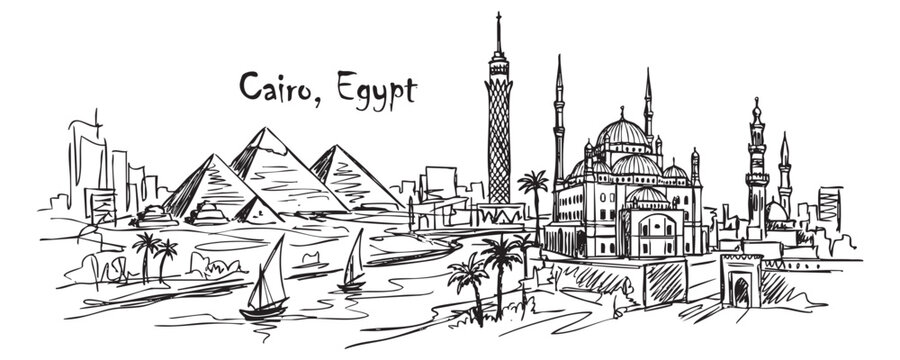 Cairo, Egypt Landmark Line Drawing with Pyramids, Mosques, and Nile River Feluccas