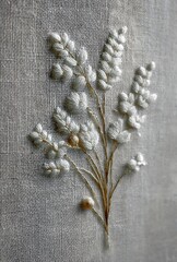 A delicate embroidered floral design on a textured fabric background