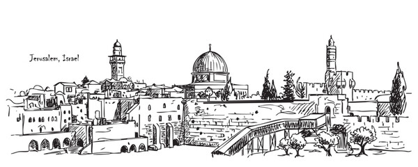 Obraz premium Jerusalem, Israel Old City Skyline Line Art with Western Wall and Dome of the Rock