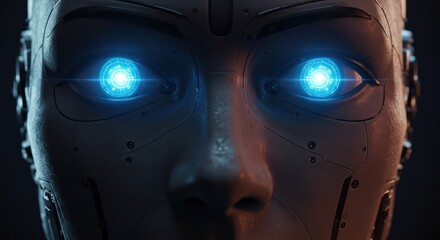 Futuristic robotic face with vibrant blue optical sensors symbolizing advanced ai integration and