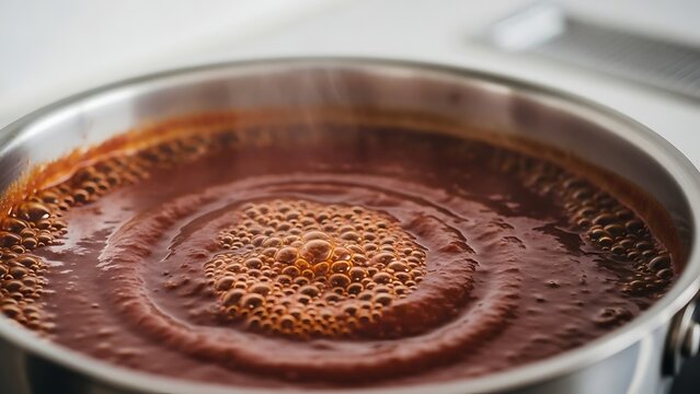 Pot of hot chocolate sitting on top of stove with spat side.