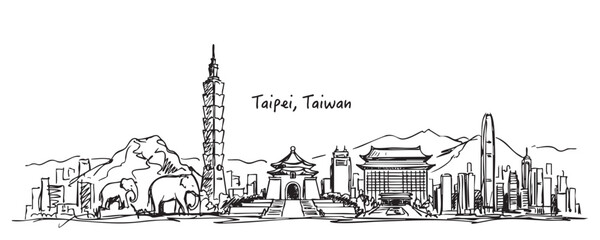 Naklejka premium Taipei, Taiwan Skyline Line Drawing with Taipei 101 and Memorial Hall
