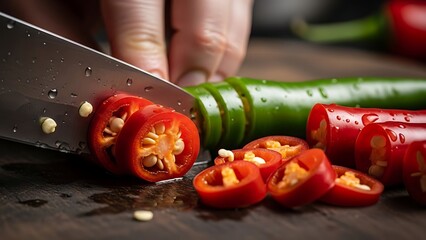 Person cutting tomatoes with knife on wooden cutting board with chopped red.