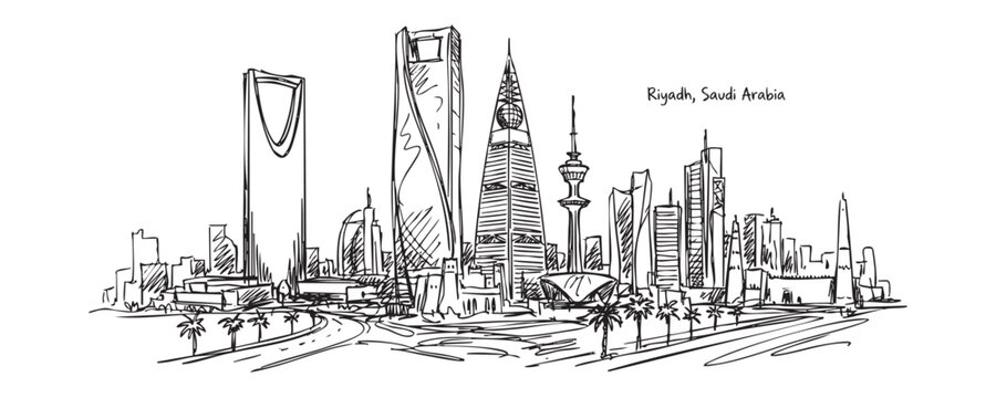 Riyadh, Saudi Arabia Cityscape Line Art with Kingdom Centre and Faisaliyah Tower