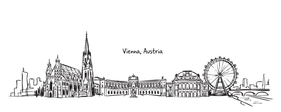 Vienna, Austria Skyline Sketch Featuring St. Stephen's Cathedral and Prater Ferris Wheel