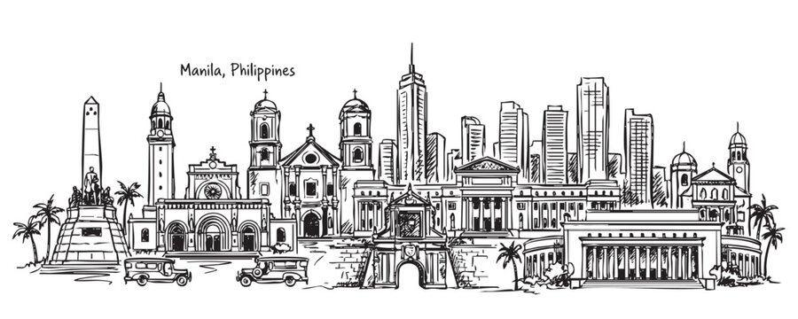 Manila, Philippines Cityscape Line Art with Rizal Monument, Cathedral and Old Town