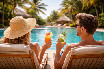 Para relaksująca się przy basenie w tropikalnym kurorcie &ndash; wakacje i luksusowy wypoczynek