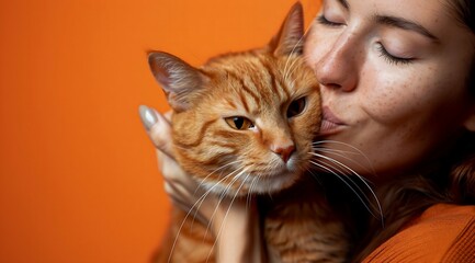 A woman tenderly kissing an orange cat on a vibrant orange background