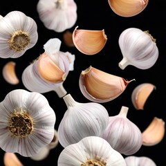 Floating garlic cloves and bulbs against a stark black backdrop, creating a dynamic, edible scene
