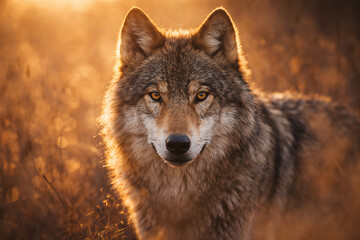 Fototapeta premium Wilk w naturalnym środowisku o złotej godzinie
