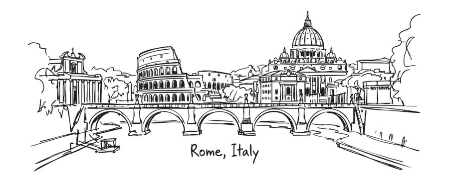 Rome, Italy Historic Skyline Drawing with Colosseum, St. Peter's Basilica and Tiber River