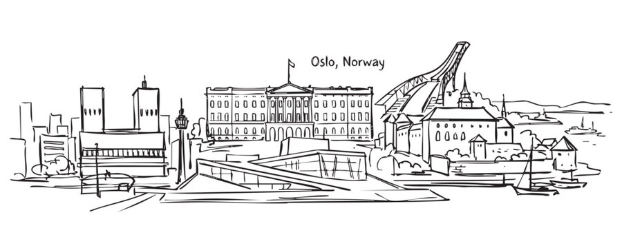 Oslo, Norway Cityscape Sketch Featuring Opera House and Ski Jump
