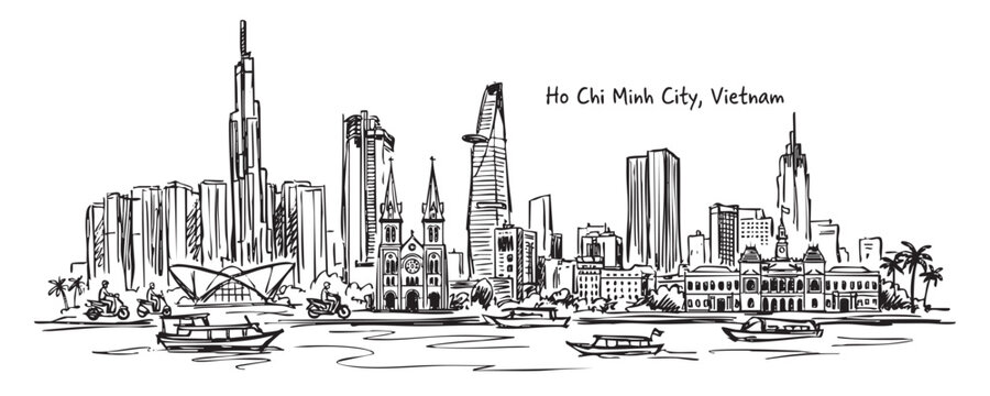 Ho Chi Minh City, Vietnam Skyline Line Art with Bitexco Tower and Cathedra