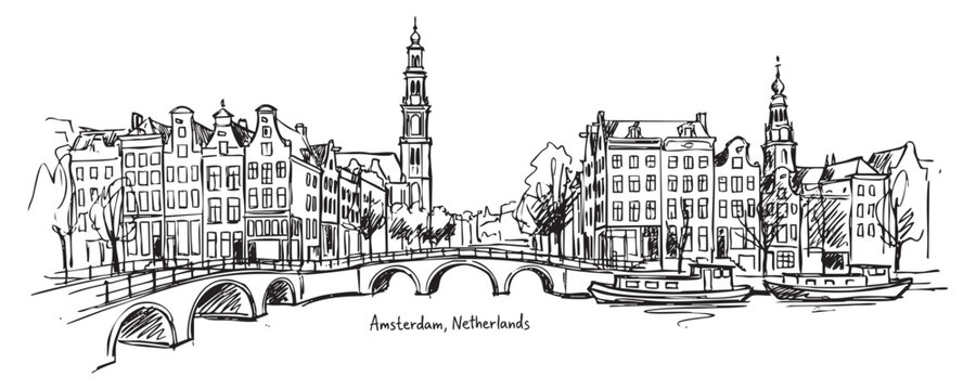 Amsterdam, Netherlands Canal Sketch with Historic Houses and Bridges