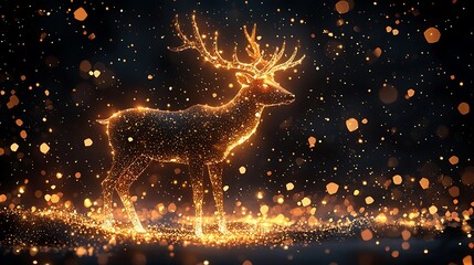 A glowing deer composed of golden particles stands amidst a magical starry night with shimmering bokeh effects