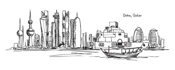 Obraz premium Hand drawn sketch of Doha skyline, Qatar