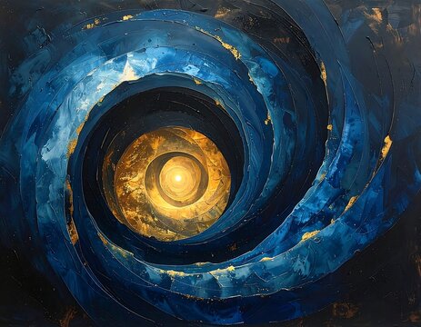 Swirling abstract painting featuring a golden core within blue spirals