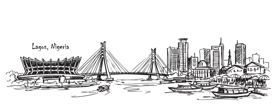 Lagos, Nigeria Skyline Line Drawing with National Arts Theatre and Lekki-Ikoyi Bridge