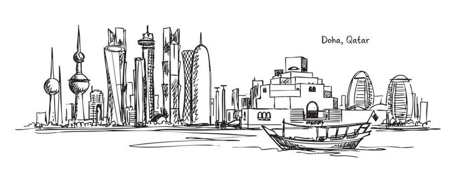 Hand drawn sketch of Doha skyline, Qatar