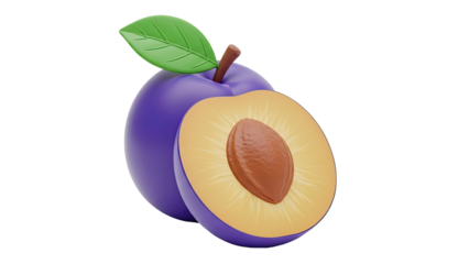 3D Rendering of a Purple Plum, Whole and Halved