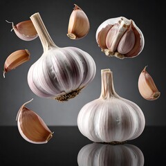 Floating garlic cloves, some whole bulbs, captured in studio lighting against gray gradient background. Reflections below