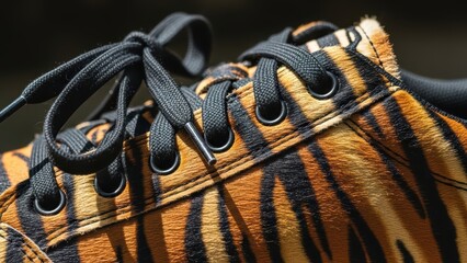 Close-up of tiger striped fur patterned sneaker with black laces and eyelets on dark background highlighting texture