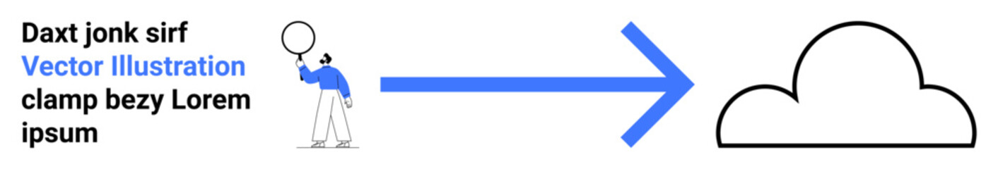 Obraz premium Man holding magnifying glass examining object, pointing at cloud with large arrow. Ideal for research, exploration, technology, innovation, cloud computing, data analysis, simple landing page