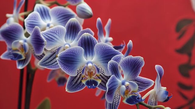 Beautiful blue orchid flowers on a vibrant red background creating a serene atmosphere