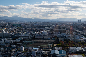 大阪、橋、城市、山、道路、風光、交通、青空、雲