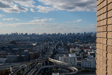 大阪、橋、城市、山、道路、風光、交通、青空、雲