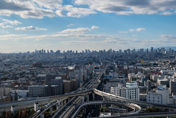 大阪、橋、城市、山、道路、風光、交通、青空、雲