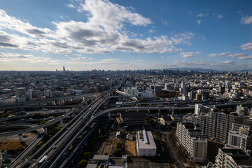 大阪、橋、城市、山、道路、風光、交通、青空、雲