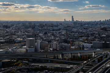 大阪、橋、城市、山、道路、風光、交通、青空、雲