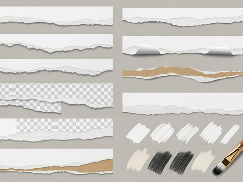 Delicate Textures and Artistic Expressions With Torn Papers and Brush Strokes on a Soft Gray Backdrop Showcase Creativity in Various Forms and Styles