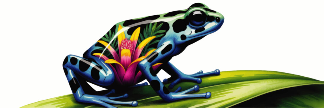 Colorful poison dart frog illustration with tropical flower double exposure on leaf, vibrant rainforest wildlife art on transparent