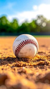 Close-up of baseball resting on infield dirt under a sunny sky
