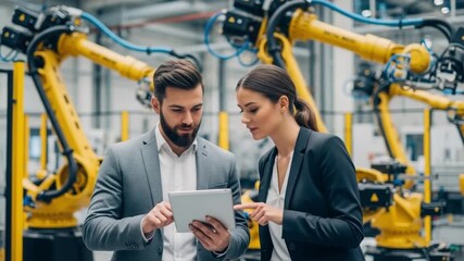 Business professionals analyzing data on a tablet in an industrial setting with robotic arms - Powered by Adobe
