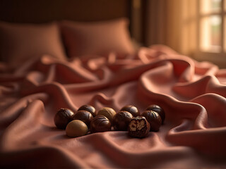 Photorealistic dark and milk chocolate pralines displayed on silk fabric in a luxury bedroom setting, intimate romantic ambiance, elegant highlights, refined color balance