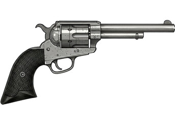 Detailed 19th-century technical etching of a heavy metallic revolver pistol with cross-hatch grip, isolated grayscale linework on white paper, museum technical documentation concept